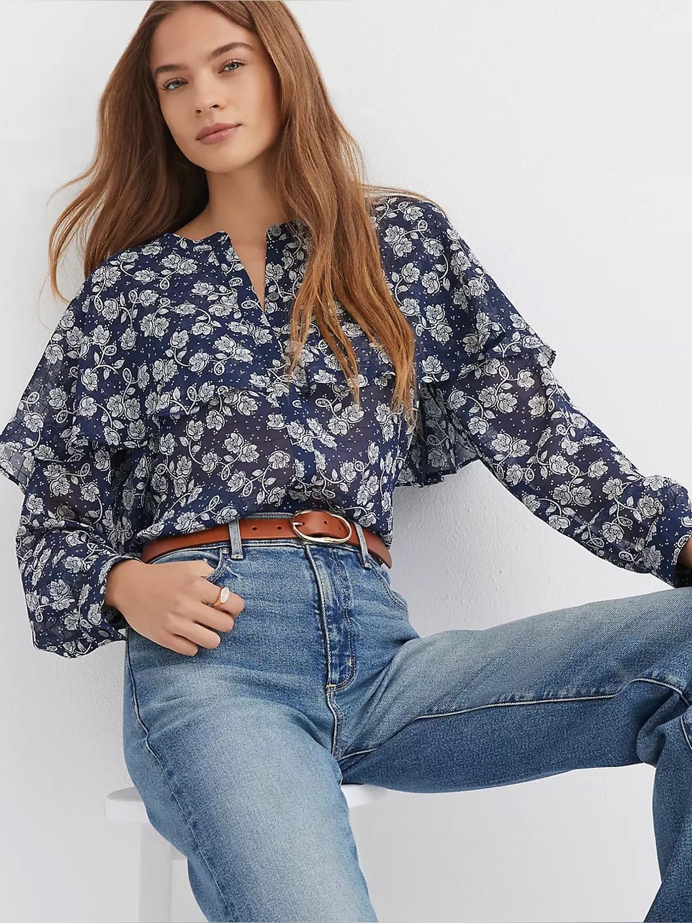 LOFT NWT Floral Cape Blouse Navy Blue Floral Button Front Size Small Victorian